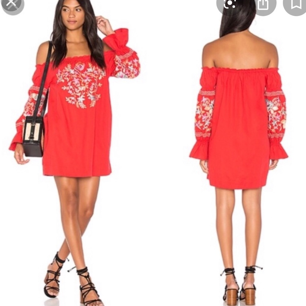 free people red off the shoulder embroidered dress